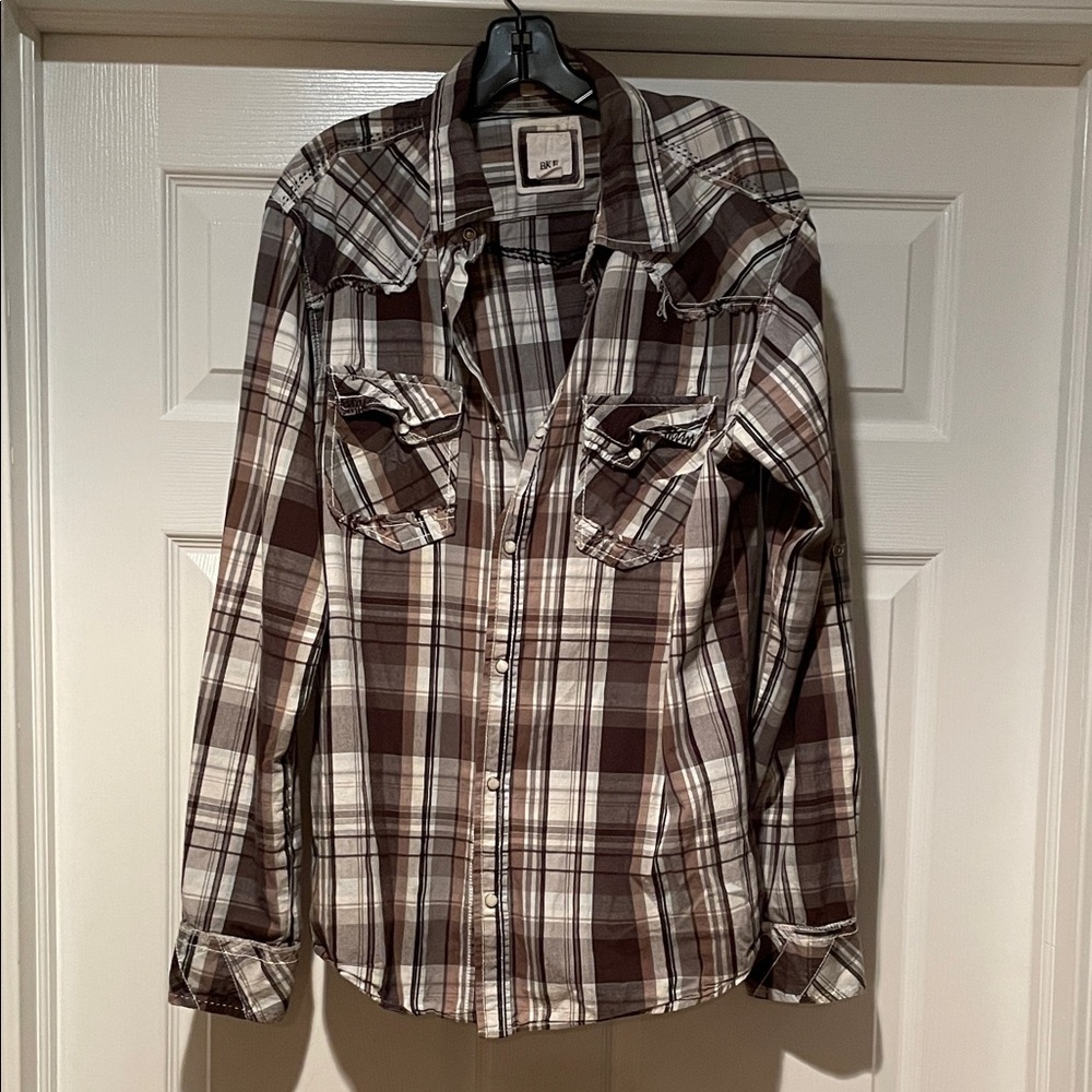 BKE Plaid Brown and Cream shirt with pearl snaps